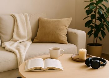 Cozy living room with soft lighting, houseplants, and books creating a relaxing home atmosphere