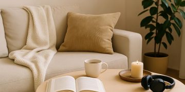 Cozy living room with soft lighting, houseplants, and books creating a relaxing home atmosphere