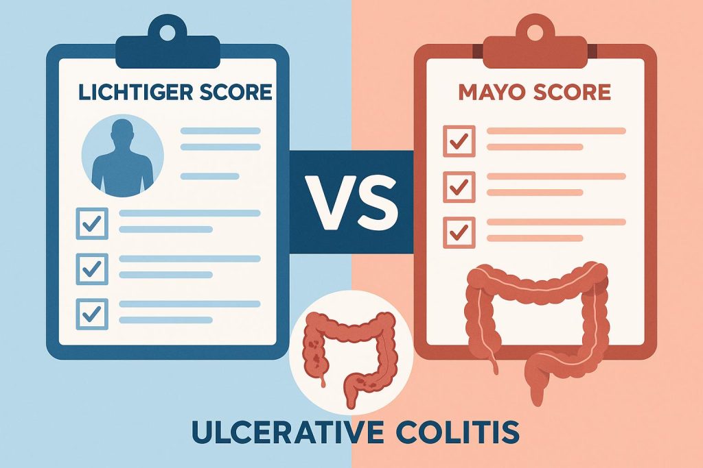 Lichtiger Score and Mayo Score comparison chart for assessing ulcerative colitis severity