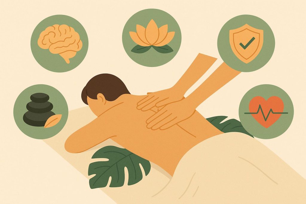 Relaxing spa setting with massage therapy tools promoting wellness and stress relief benefits