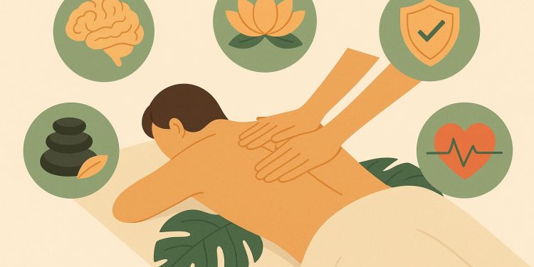 Relaxing spa setting with massage therapy tools promoting wellness and stress relief benefits