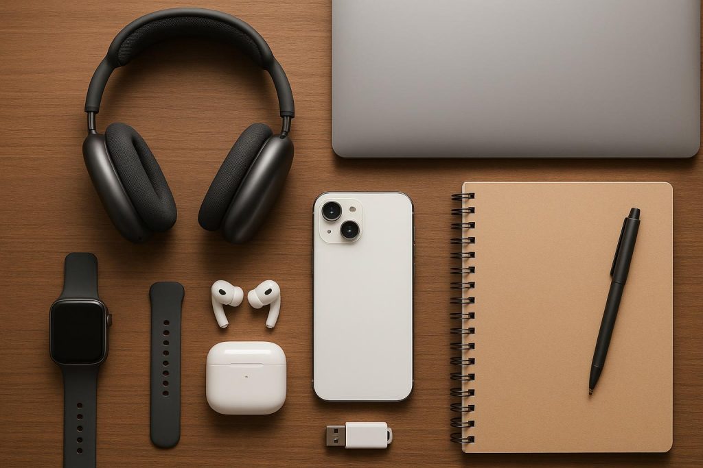 Laptop, wireless headphones, and smart backpack on a desk for university student productivity