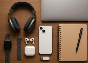Laptop, wireless headphones, and smart backpack on a desk for university student productivity