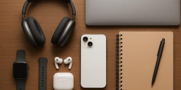 Laptop, wireless headphones, and smart backpack on a desk for university student productivity
