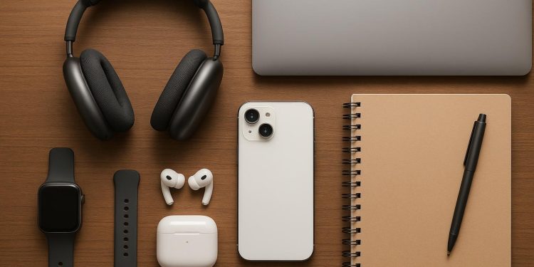 Laptop, wireless headphones, and smart backpack on a desk for university student productivity