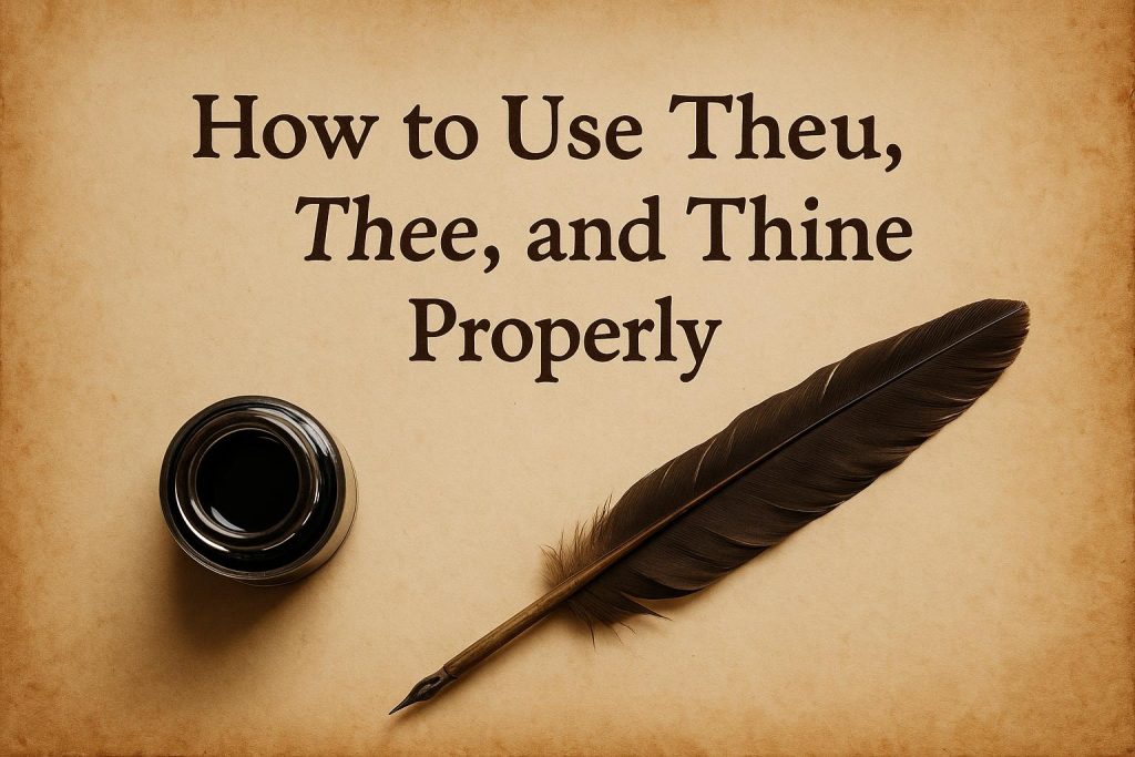 Open old English grammar book with highlighted words thou, thee, and thine on a wooden desk
