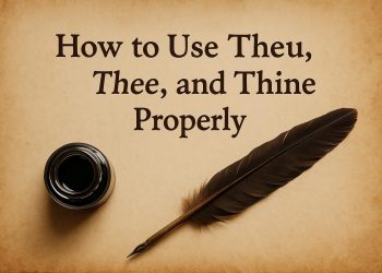 Open old English grammar book with highlighted words thou, thee, and thine on a wooden desk