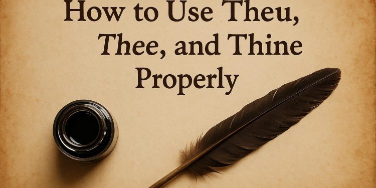 Open old English grammar book with highlighted words thou, thee, and thine on a wooden desk