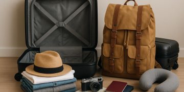 Packed suitcase with travel essentials laid out on a bed, ready for a long journey preparation