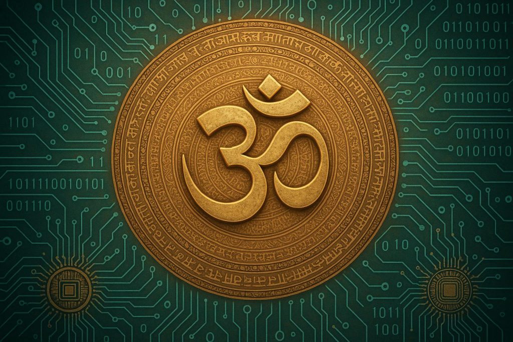 Ancient spiritual symbols merging with digital technology elements in a modern conceptual design