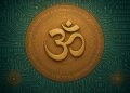 Ancient spiritual symbols merging with digital technology elements in a modern conceptual design
