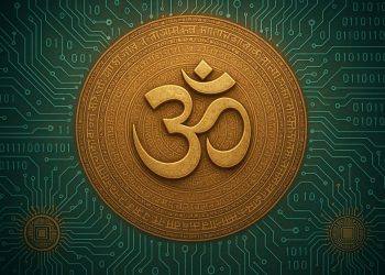 Ancient spiritual symbols merging with digital technology elements in a modern conceptual design
