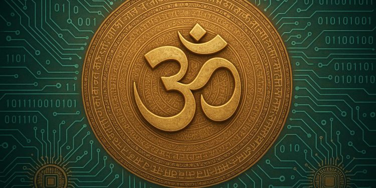 Ancient spiritual symbols merging with digital technology elements in a modern conceptual design