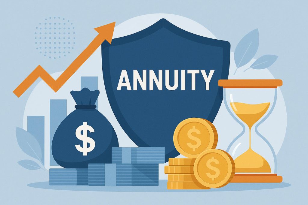 Fixed deferred annuity payout phase concept with financial charts and planning documents