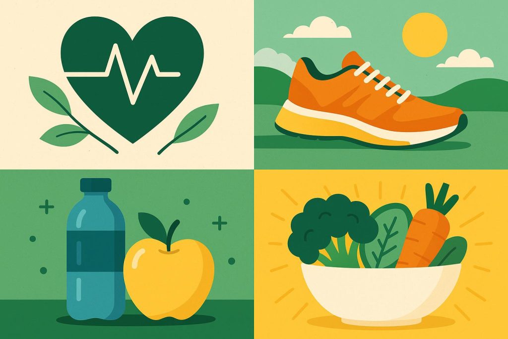 Fresh fruits, vegetables, and athletic gear symbolizing healthy lifestyle choices and wellbeing