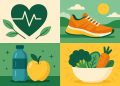 Fresh fruits, vegetables, and athletic gear symbolizing healthy lifestyle choices and wellbeing