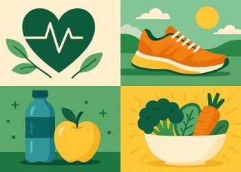 Fresh fruits, vegetables, and athletic gear symbolizing healthy lifestyle choices and wellbeing