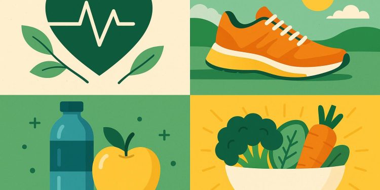Fresh fruits, vegetables, and athletic gear symbolizing healthy lifestyle choices and wellbeing
