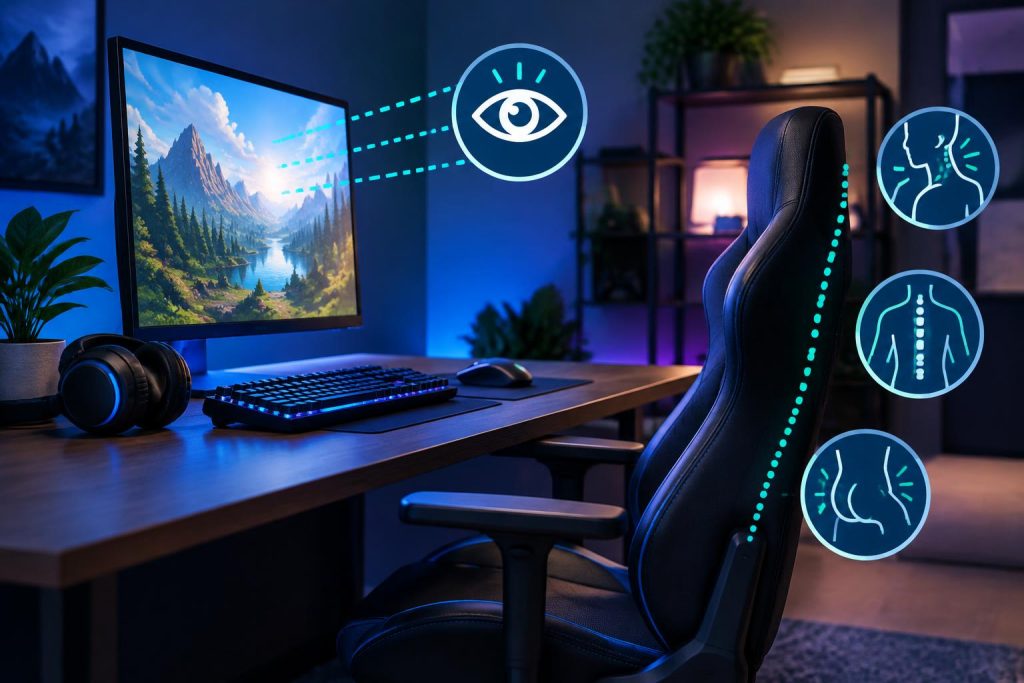 Gamer using ergonomic chair and monitor setup with proper posture to prevent eye strain and pain