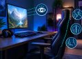 Gamer using ergonomic chair and monitor setup with proper posture to prevent eye strain and pain