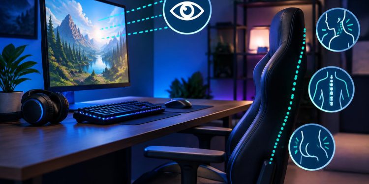 Gamer using ergonomic chair and monitor setup with proper posture to prevent eye strain and pain